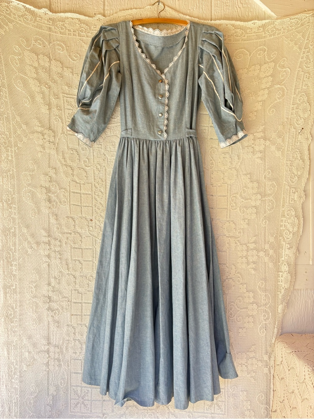 Vintage Handmade Blue Cotton Maxi Dress with Lace Trim Long